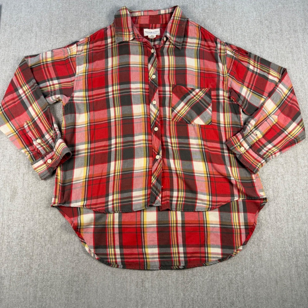 Denim & Supply Ralph Lauren Plaid Cold Shoulder Shirt Womens M Red High Low Hem